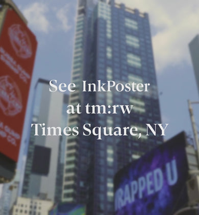 3 videos of InkPoster's digital ink art posters displaying various curated artwork mounted on modern living room walls